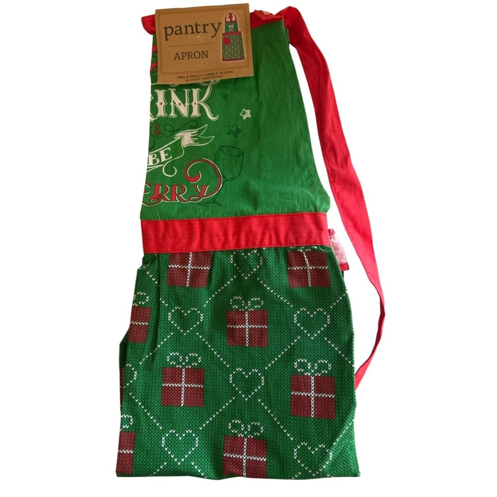 Festive Green & Red Christmas Apron 28" X 30" 100% Cotton Eat Drink & Be Merry